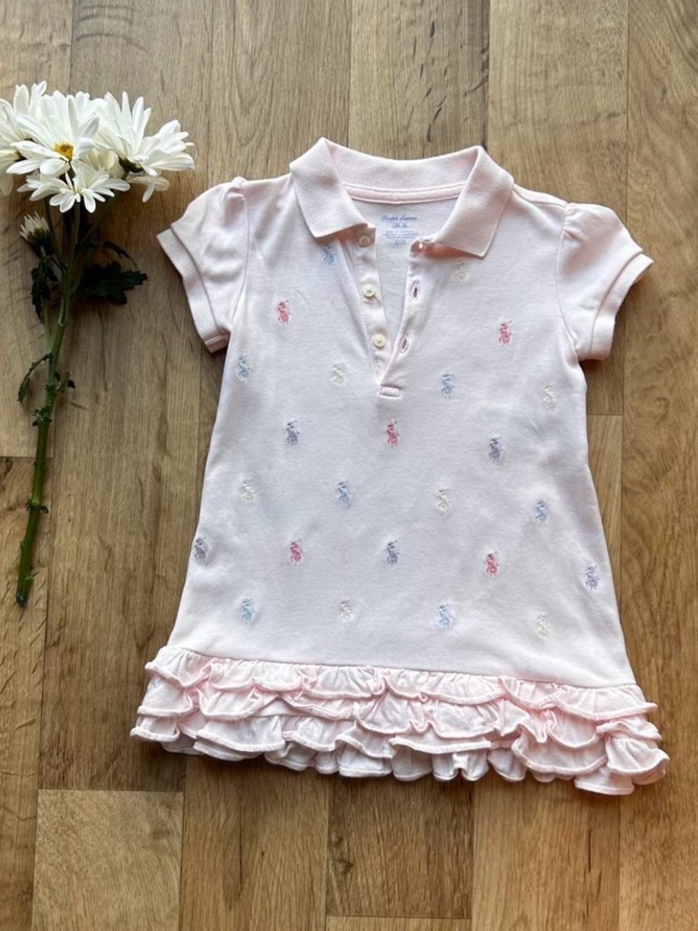 Ralph Lauren Baby Girl Multi-Pony Polo Dress - Pink Ruffle Hem - 18M